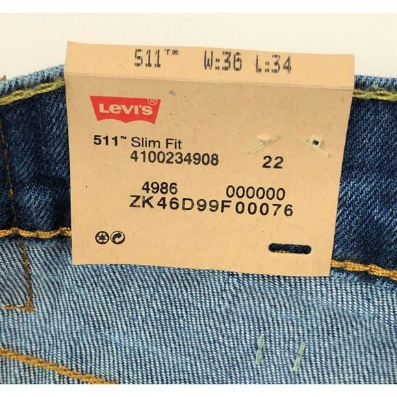Levis 511 Slim Fit Tapered Leg Mens 36x34 Blue Jeans Distressed Denim Red Tab - Picture 7 of 12